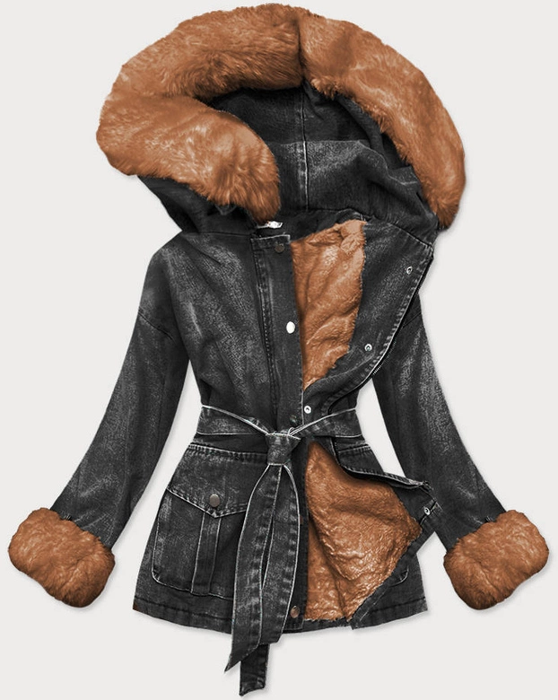 DAMSKA KURTKA JEANSOWA Z FUTRZANĄ PODSZEWKĄ CZARNO - KARMELOWA (9026#)