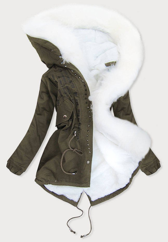 KURTKA PARKA DAMSKA ZIMOWA KHAKI-BIAŁA (613)