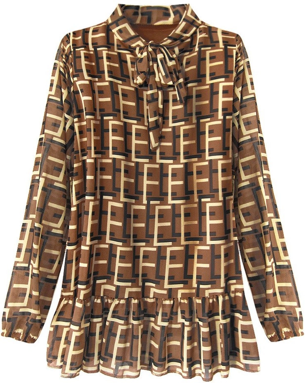 SZYFONOWA BLUZKA Z WIĄZANĄ STÓJKĄ BRĄZOWA (236ART)