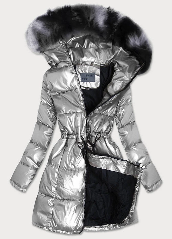 METALICZNA KURTKA ZIMOWA DAMSKA SREBRNA (B9528)
