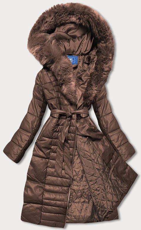 KURTKA DAMSKA Z FUTRZANYM KOŁNIERZEM BRĄZOWA (AG6-28)