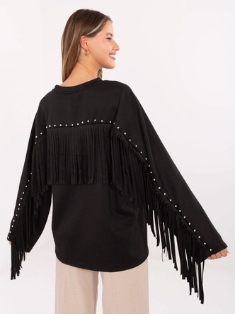 Luźna bluza damska z frędzlami czarna (21695)