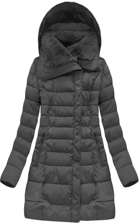 DŁUGA KURTKA DAMSKA ZIMOWA Z KAPTUREM GRAFITOWA (B1068-30)