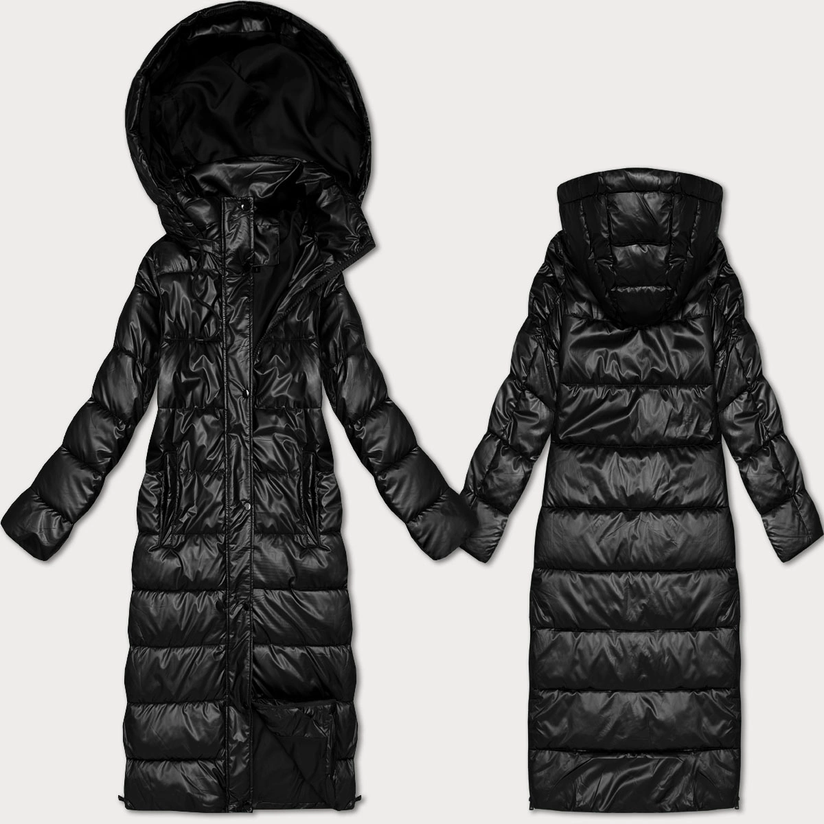 Długa pikowana kurtka przejściowa z kapturem czarna (T3-2629#-1)