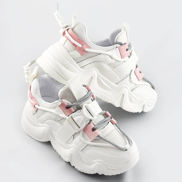SZNUROWANE SNEAKERSY Z KLAMRĄ BIAŁO-RÓŻOWE (L8085)
