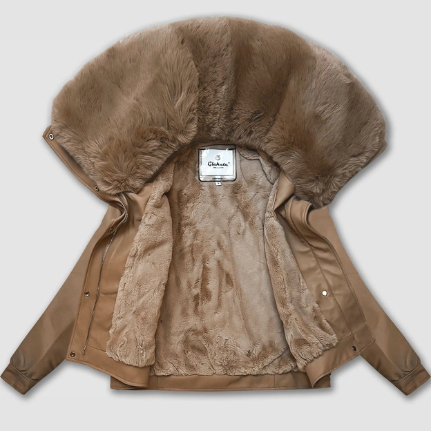 Skórzana kurtka z dużym futrzanym kołnierzem Glakate camel (LU98090#)