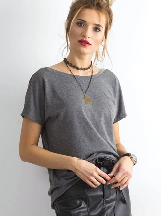 T-shirt basic z dekoltem z tyłu Feel Good ciemny szary (4662-37P)