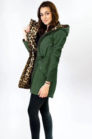 DWUSTRONNA PARKA DAMSKA Z KAPTUREM KHAKI-PANTERKA (W354)