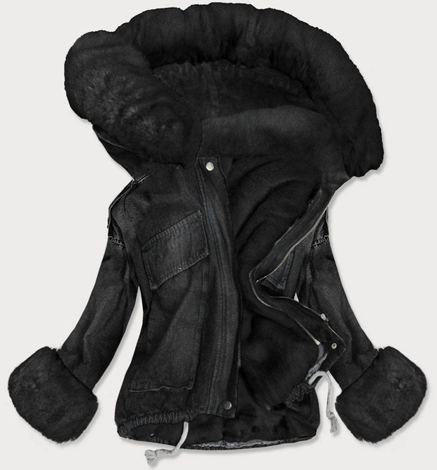 DAMSKA KURTKA JEANSOWA Z FUTRZANĄ PODPINKĄ CZARNA (9023#)