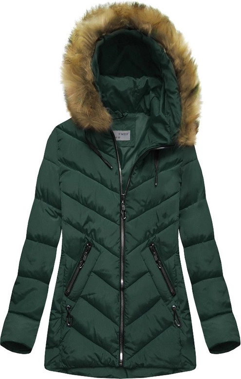 ZIMOWA PIKOWANA KURTKA DAMSKA Z KAPTUREM CIEMNOZIELONA (B2633)