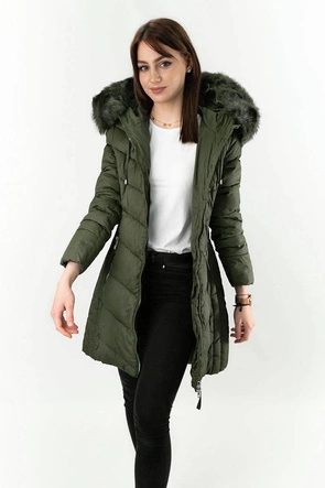 Długa pikowana kurtka damska zimowa khaki (7689)