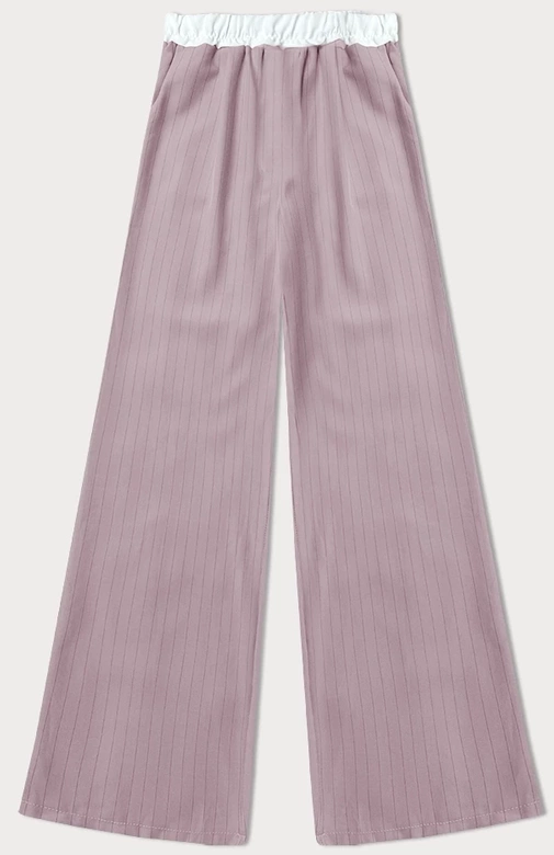 Szerokie spodnie damskie w paseczki pudrowy róż (18629)