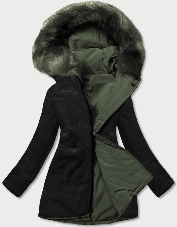 Ciepła kurtka zimowa damska dwustronna khaki-czarna (w610)