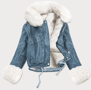 DAMSKA KURTKA JEANSOWA Z FUTRZANĄ PODPINKĄ NIEBIESKO-BIAŁA (9020#)