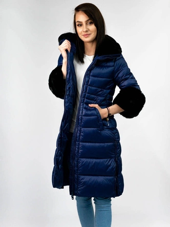 DŁUŻSZA DAMSKA PIKOWANA KURTKA ZIMOWA GRANATOWA (J19-017)