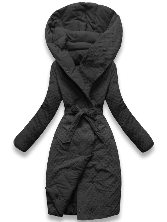 Dwustronny płaszcz damski z paskiem czarny (WD202307)