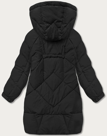 Puchowa kurtka damska z ozdobnymi taśmami czarna (AG2-J85)