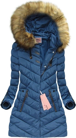 PIKOWANA KURTKA DAMSKA ZIMOWA Z KAPTUREM NIEBIESKA (W598)