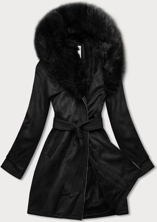 ZAMSZOWY DAMSKI PŁASZCZ ZIMOWY Z PASKIEM CZARNY (6515)