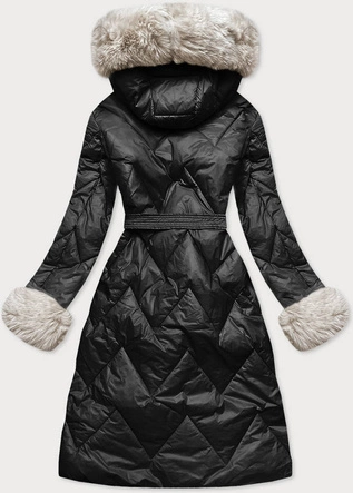 DAMSKA DŁUGA KURTKA PIKOWANA CZARNA-ECRU (772)