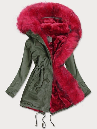 ZIMOWA PARKA DAMSKA Z KOLOROWYM FUTREM KHAKI-CZERWONA (D-216#)