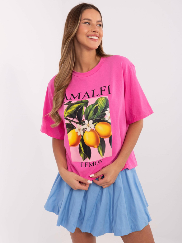 Bawełniany t-shirt damski z nadrukiem ciemny różowy (M745-1)