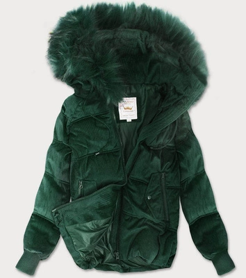 Sztruksowa damska kurtka z kapturem ciemnozielona (7696)