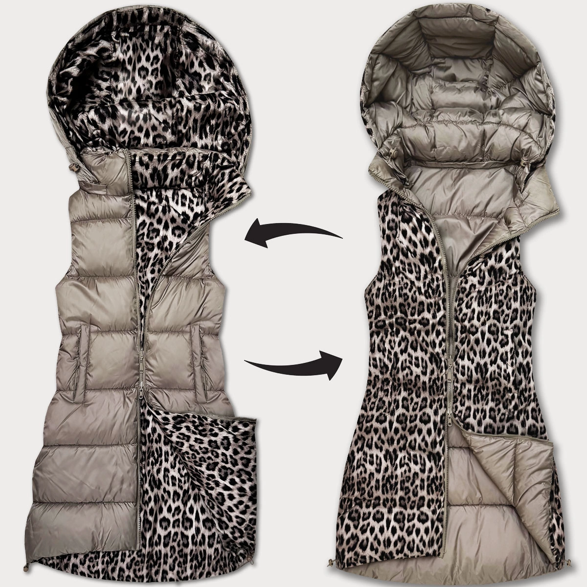 Gruba kamizelka dwustronna z odpinanym kapturem beżowy-panterka (T5-2602#-62)
