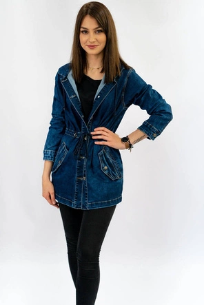 DŁUGA JEANSOWA DAMSKA KURTKA Z KAPTUREM (5681-K)