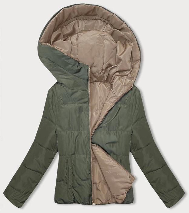 Dwustronna krótka kurtka z kapturem beż-khaki (B8181-101011)
