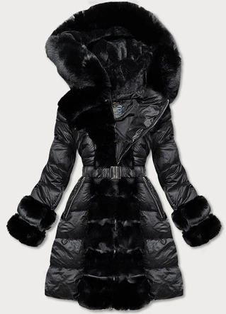 KURTKA ZIMOWA DAMSKA Z OZDOBNYM FUTERKIEM CZARNA (7729)