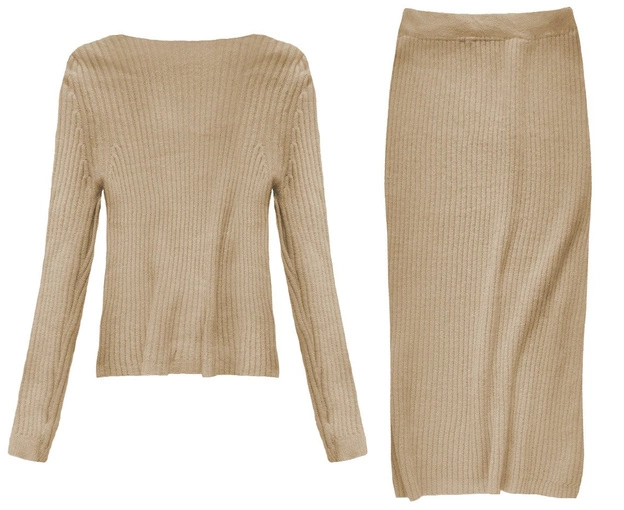 KOMPLET A'LA WEŁNIANY SWETER+SPÓDNICA JASNOBRĄZOWY (157ART)