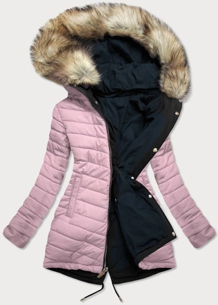 Dwustronna damska kurtka zimowa z kapturem granatowo-różowa (w211)