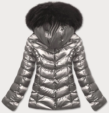 Błyszcząca damska kurtka zimowa z kapturem srebrna (5m773-401)