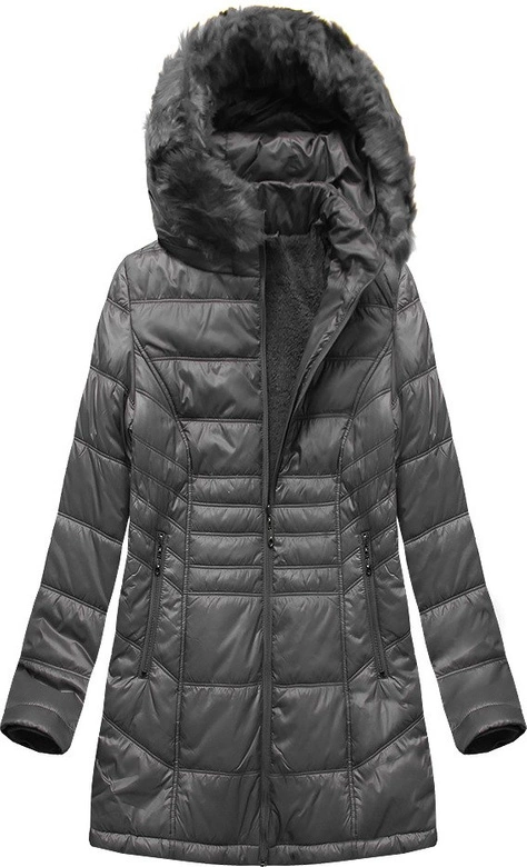 PIKOWANA DAMSKA KURTKA ZIMOWA Z KAPTUREM CIEMNOSZARA (B2617-30)
