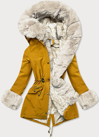 ZIMOWA DAMSKA PARKA Z FUTERKIEM MUSZTARDOWA (HK13)