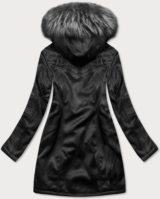 ZAMSZOWA DAMSKA KURTKA ZIMOWA Z KAPTUREM CZARNA (6516)