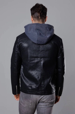 Kurtka męska z dresowym kapturem ekoskóra czarna (11Z8022)