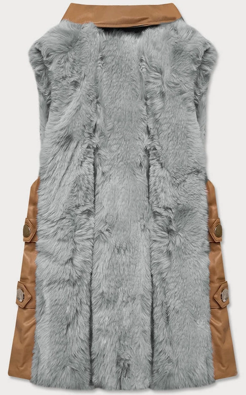 Elegancka kamizelka ekoskóra i futro karmel-szary (br9592-9022)