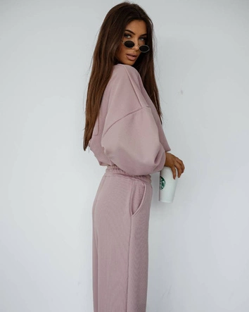 Waflowy komplet damski bluza + spodnie pudrowy róż (821108)