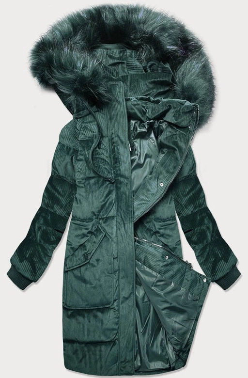 Sztruksowa zimowa kurtka damska z kapturem butelkowa zieleń (7764)