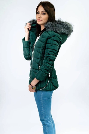 PIKOWANA ZIMOWA KURTKA DAMSKA Z KAPTUREM BUTELKOWA ZIELEŃ (B2631)