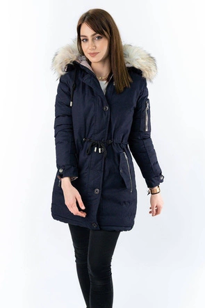 Dwustronna damska kurtka zimowa z kapturem granatowo-różowa (w631)