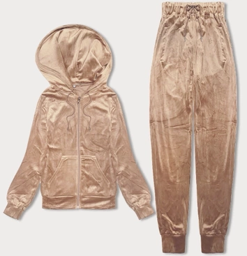 Welurowy dres damski z rozpinaną bluzą beżowy (8C1176-159)