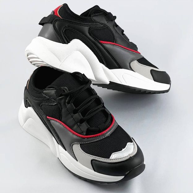 Sznurowane sneakersy z kolorowymi wstawkami czarne (6346)