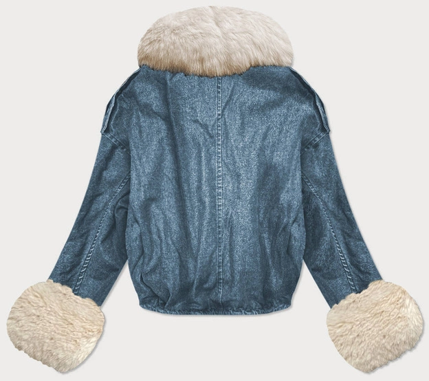 DAMSKA KURTKA JEANSOWA Z FUTRZANĄ PODPINKĄ NIEBIESKA-ECRU (9020#)
