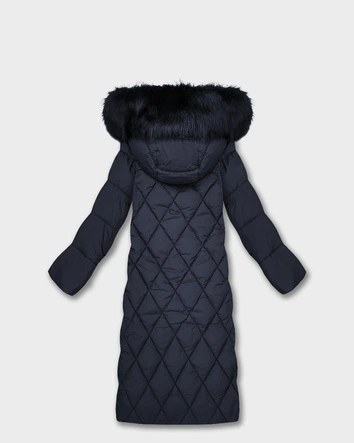 Długa damska kurtka zimowa z kapturem granatowa (7688BIG)