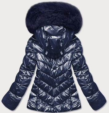 Krótka kurtka damska z futerkiem granatowa (TY036-2)