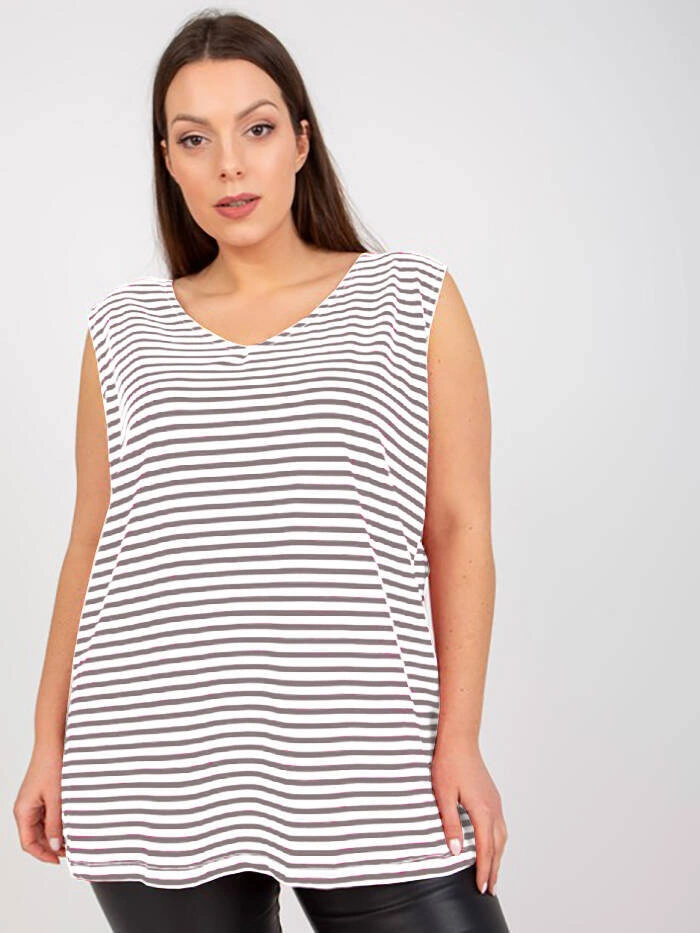 Bawełniany top w paski plus size biały-szary (7952)