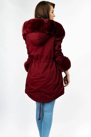 Bawełniana damska parka zimowa z futrem bordowa (xw801-3x)
